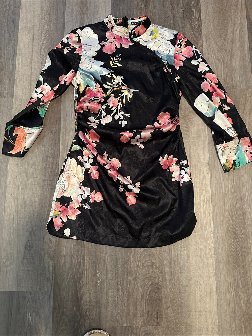 Zara Black Satin Floral Long-Sleeve Mini Dress with Pink/White Blooms runs small